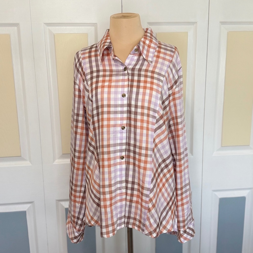 Cabi 4423 Orange Lavender Brown Plaid Roll Tab Button Down Shirt Womens Small